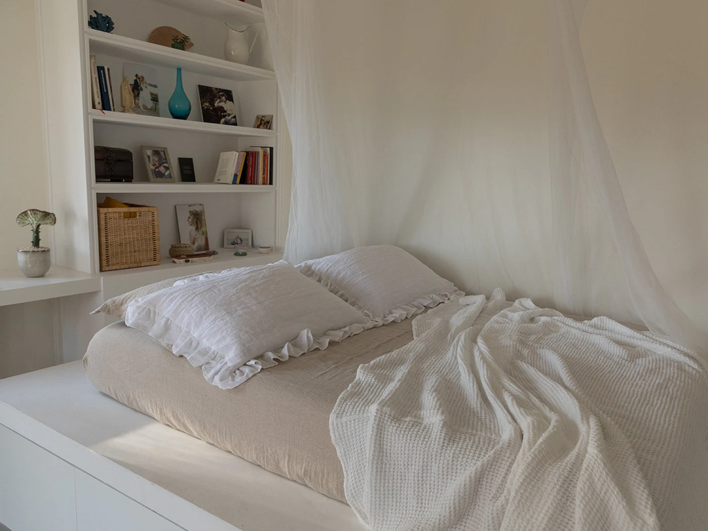 Linen Sheet-Linen bed sheets in Natural color with White stripes-Linen bedding- Linen fitted bed sheet-Linen Flat Bed Sheet