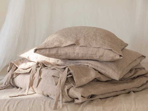 Linen Duvet Cover- Washed Linen Duvet Cover-Linen duvet cover in natural color with bordo stripes-Linen bedding--Available in any size.