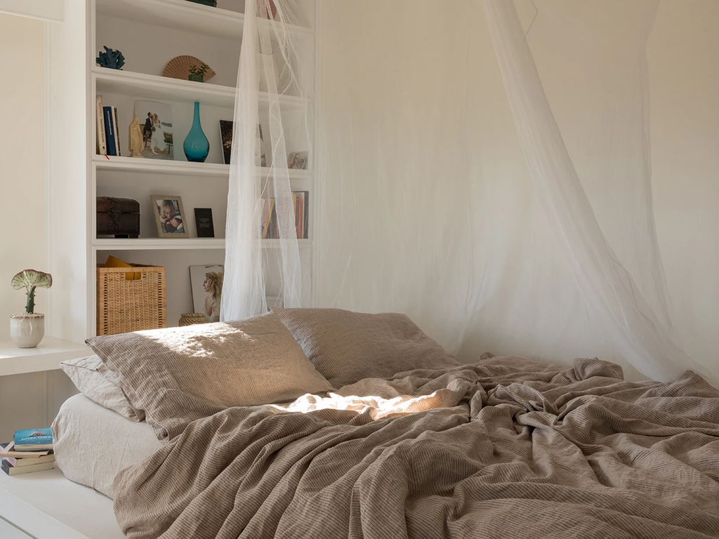 Linen Duvet Cover- Washed Linen Duvet Cover-Linen duvet cover in natural color with bordo stripes-Linen bedding--Available in any size.